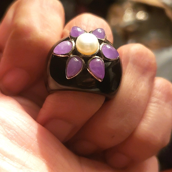 ONYX STERLING SILVER AMETHYST STONE Real Pearl Highly POLISHED RING - Picture 3 of 8